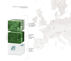 Ortsgenaue Warnung: Das Jenaer Team analysiert für verschiedene Flecken Europas (grüne Quadrate), wie sich Ökosysteme abhängig vom Klima in der Vergangenheit entwickelt haben, und erstellt entsprechende Datenwürfel (A). Anhand von Klimaprognosen sagen die Forschenden dann künftige Veränderungen in dem Ökosystem voraus (B) und ermitteln darin Extremereignisse (C).