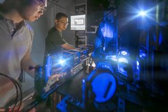 A tracking microscop follows the zebrafish during their natural behavior.